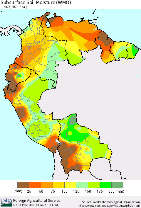 Northern South America Subsurface Soil Moisture (WMO) Thematic Map For 12/28/2020 - 1/3/2021