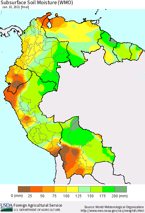 Northern South America Subsurface Soil Moisture (WMO) Thematic Map For 1/4/2021 - 1/10/2021