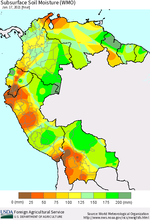 Northern South America Subsurface Soil Moisture (WMO) Thematic Map For 1/11/2021 - 1/17/2021