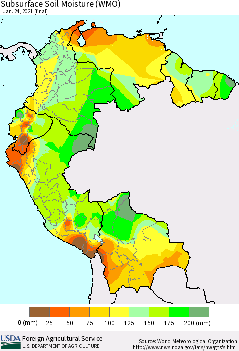 Northern South America Subsurface Soil Moisture (WMO) Thematic Map For 1/18/2021 - 1/24/2021