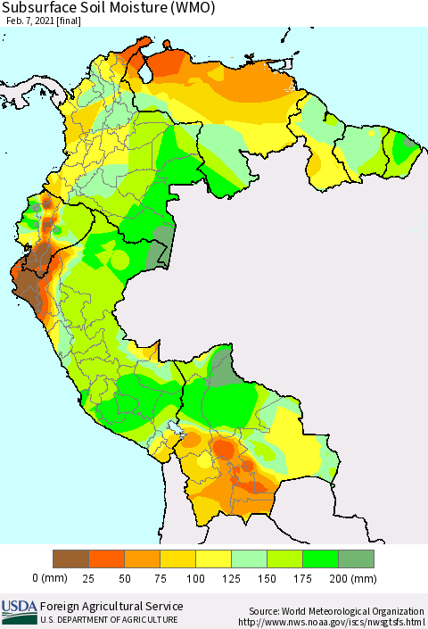 Northern South America Subsurface Soil Moisture (WMO) Thematic Map For 2/1/2021 - 2/7/2021