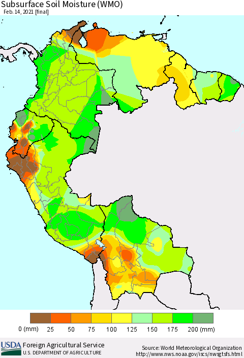 Northern South America Subsurface Soil Moisture (WMO) Thematic Map For 2/8/2021 - 2/14/2021