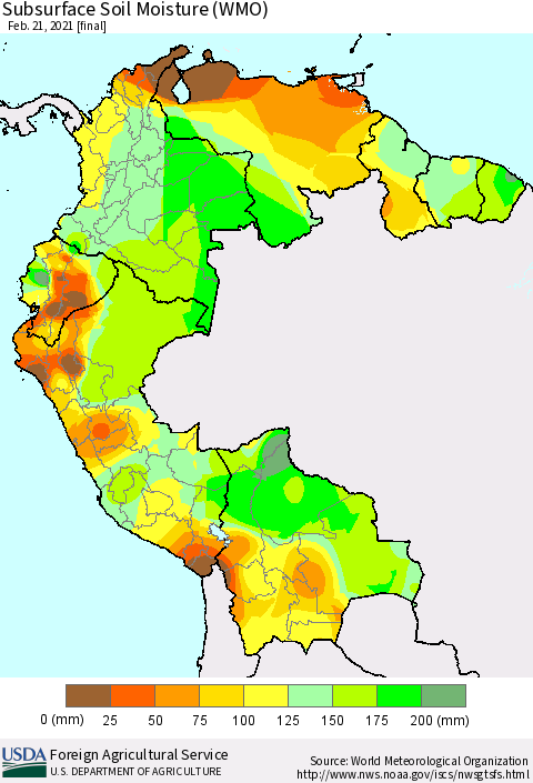 Northern South America Subsurface Soil Moisture (WMO) Thematic Map For 2/15/2021 - 2/21/2021