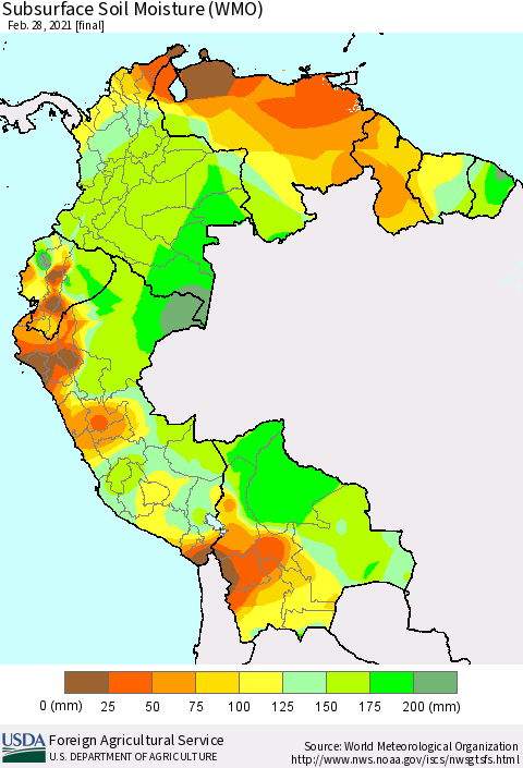 Northern South America Subsurface Soil Moisture (WMO) Thematic Map For 2/22/2021 - 2/28/2021
