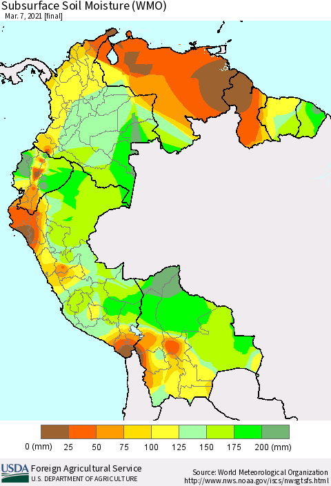 Northern South America Subsurface Soil Moisture (WMO) Thematic Map For 3/1/2021 - 3/7/2021