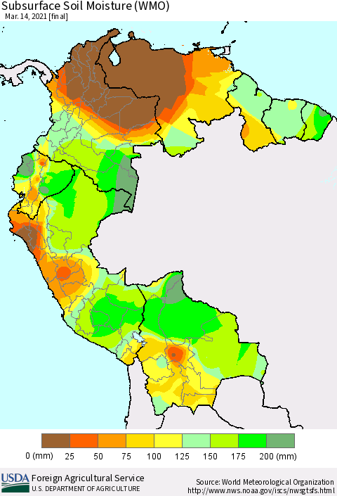 Northern South America Subsurface Soil Moisture (WMO) Thematic Map For 3/8/2021 - 3/14/2021