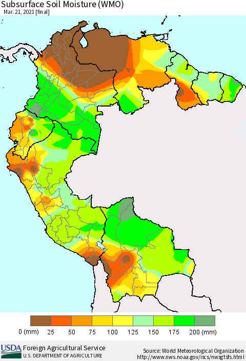 Northern South America Subsurface Soil Moisture (WMO) Thematic Map For 3/15/2021 - 3/21/2021