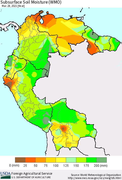 Northern South America Subsurface Soil Moisture (WMO) Thematic Map For 3/22/2021 - 3/28/2021