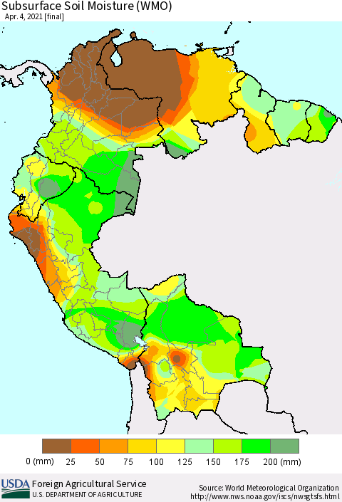 Northern South America Subsurface Soil Moisture (WMO) Thematic Map For 3/29/2021 - 4/4/2021