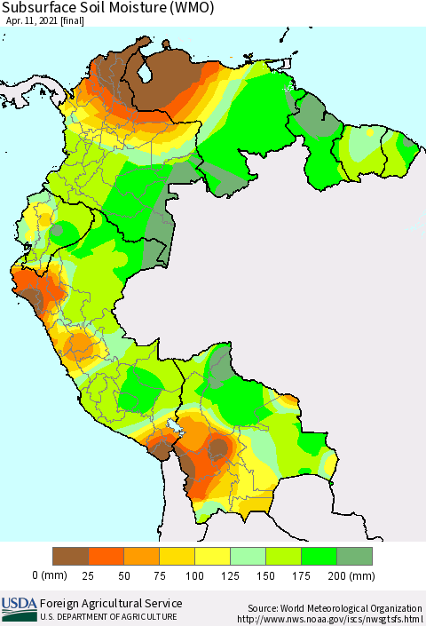 Northern South America Subsurface Soil Moisture (WMO) Thematic Map For 4/5/2021 - 4/11/2021