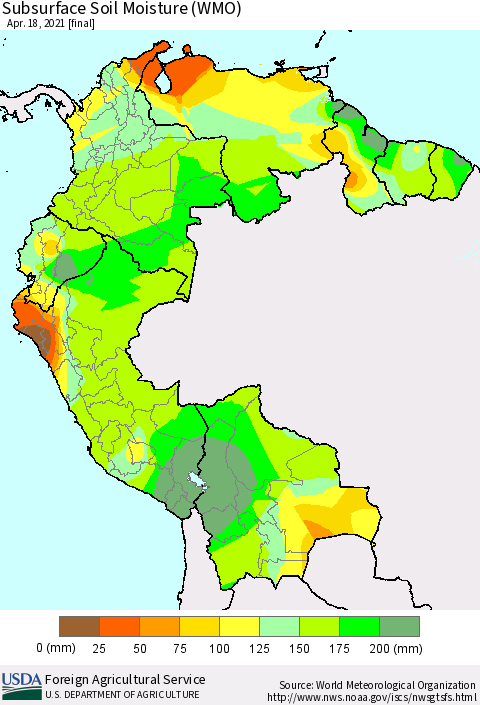 Northern South America Subsurface Soil Moisture (WMO) Thematic Map For 4/12/2021 - 4/18/2021