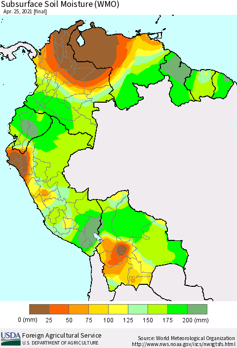 Northern South America Subsurface Soil Moisture (WMO) Thematic Map For 4/19/2021 - 4/25/2021
