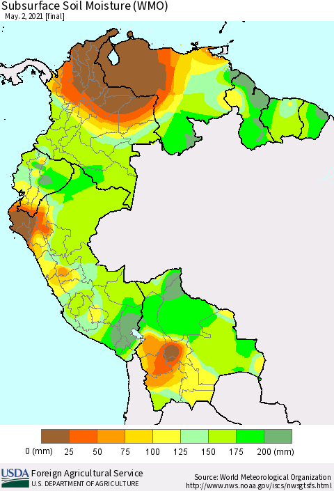 Northern South America Subsurface Soil Moisture (WMO) Thematic Map For 4/26/2021 - 5/2/2021