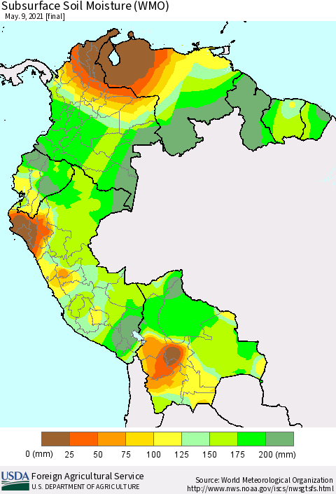 Northern South America Subsurface Soil Moisture (WMO) Thematic Map For 5/3/2021 - 5/9/2021