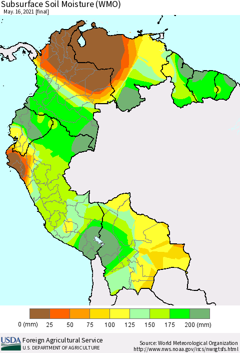 Northern South America Subsurface Soil Moisture (WMO) Thematic Map For 5/10/2021 - 5/16/2021