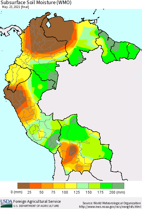 Northern South America Subsurface Soil Moisture (WMO) Thematic Map For 5/17/2021 - 5/23/2021