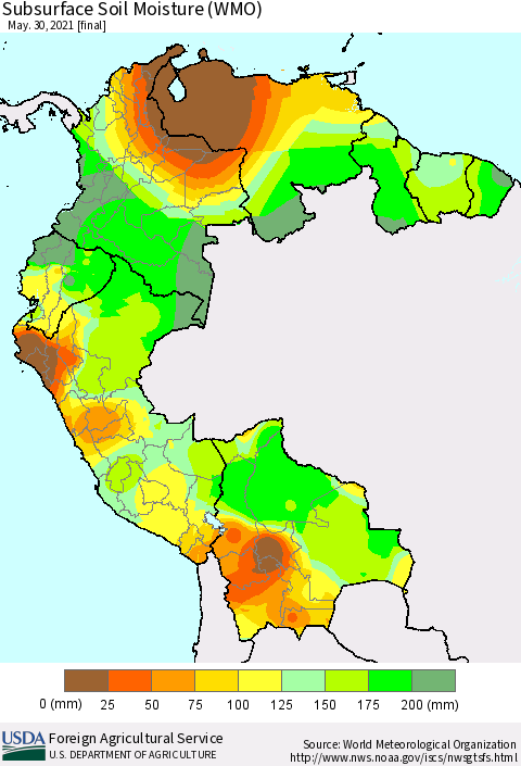 Northern South America Subsurface Soil Moisture (WMO) Thematic Map For 5/24/2021 - 5/30/2021