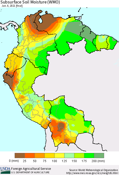 Northern South America Subsurface Soil Moisture (WMO) Thematic Map For 5/31/2021 - 6/6/2021
