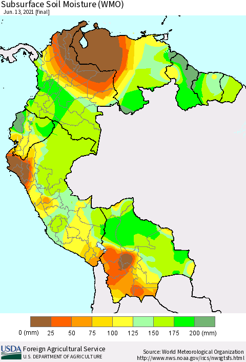Northern South America Subsurface Soil Moisture (WMO) Thematic Map For 6/7/2021 - 6/13/2021