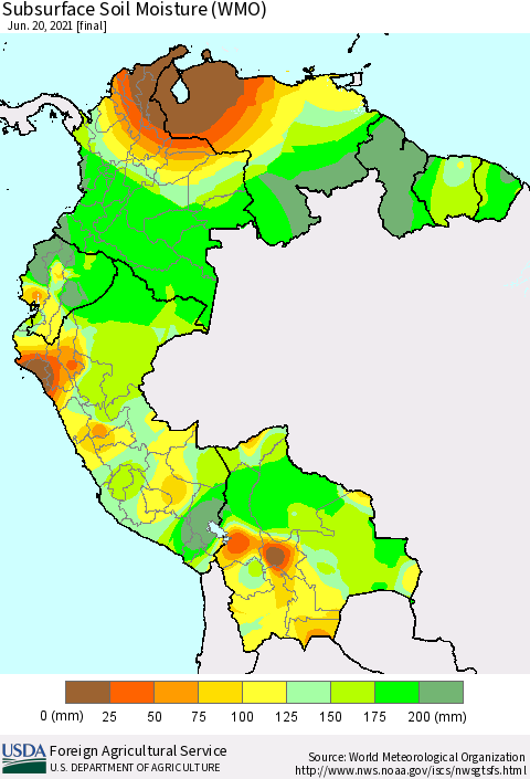 Northern South America Subsurface Soil Moisture (WMO) Thematic Map For 6/14/2021 - 6/20/2021
