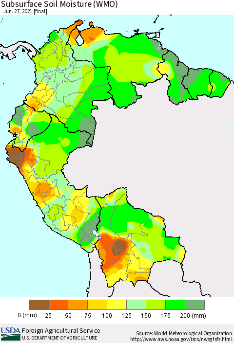 Northern South America Subsurface Soil Moisture (WMO) Thematic Map For 6/21/2021 - 6/27/2021