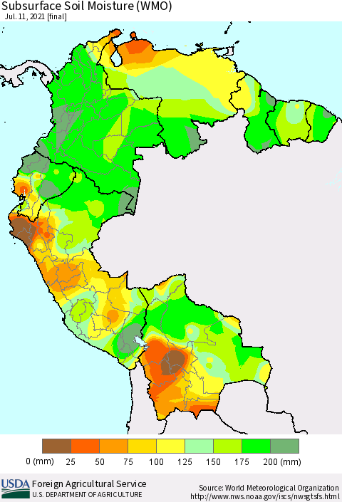 Northern South America Subsurface Soil Moisture (WMO) Thematic Map For 7/5/2021 - 7/11/2021