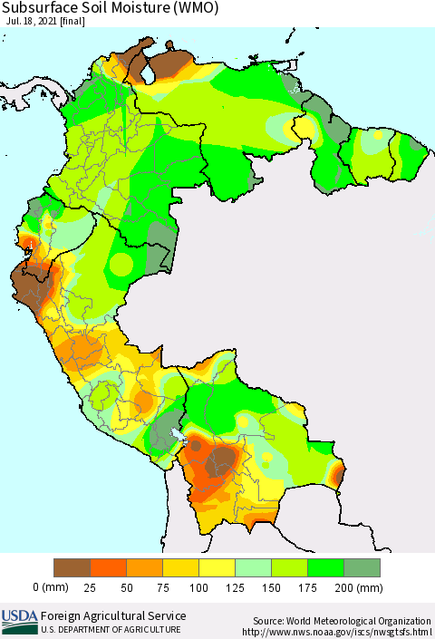 Northern South America Subsurface Soil Moisture (WMO) Thematic Map For 7/12/2021 - 7/18/2021