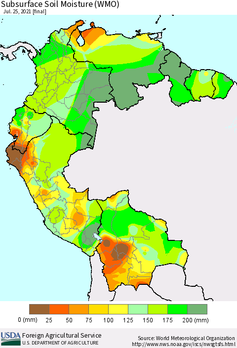 Northern South America Subsurface Soil Moisture (WMO) Thematic Map For 7/19/2021 - 7/25/2021
