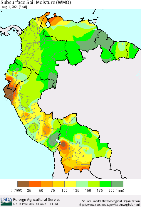 Northern South America Subsurface Soil Moisture (WMO) Thematic Map For 7/26/2021 - 8/1/2021