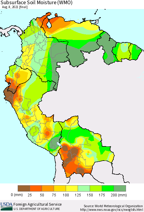 Northern South America Subsurface Soil Moisture (WMO) Thematic Map For 8/2/2021 - 8/8/2021