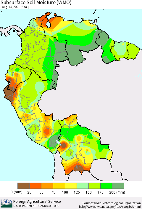 Northern South America Subsurface Soil Moisture (WMO) Thematic Map For 8/9/2021 - 8/15/2021
