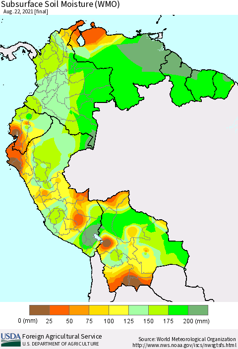 Northern South America Subsurface Soil Moisture (WMO) Thematic Map For 8/16/2021 - 8/22/2021