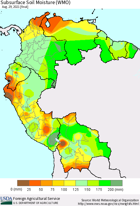 Northern South America Subsurface Soil Moisture (WMO) Thematic Map For 8/23/2021 - 8/29/2021
