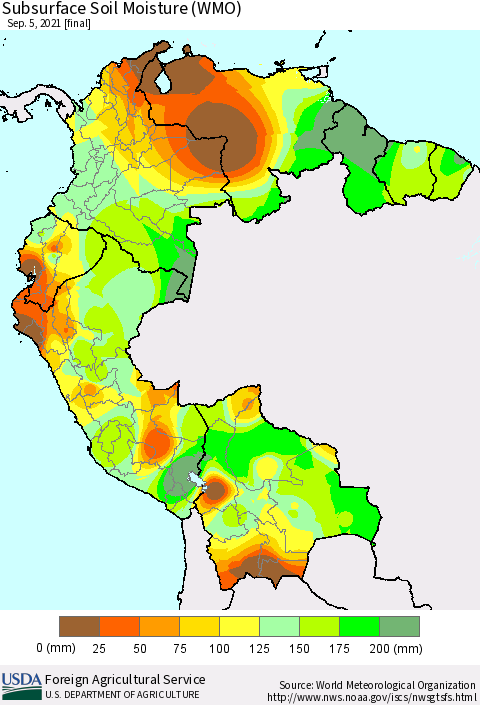 Northern South America Subsurface Soil Moisture (WMO) Thematic Map For 8/30/2021 - 9/5/2021