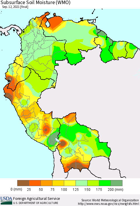 Northern South America Subsurface Soil Moisture (WMO) Thematic Map For 9/6/2021 - 9/12/2021