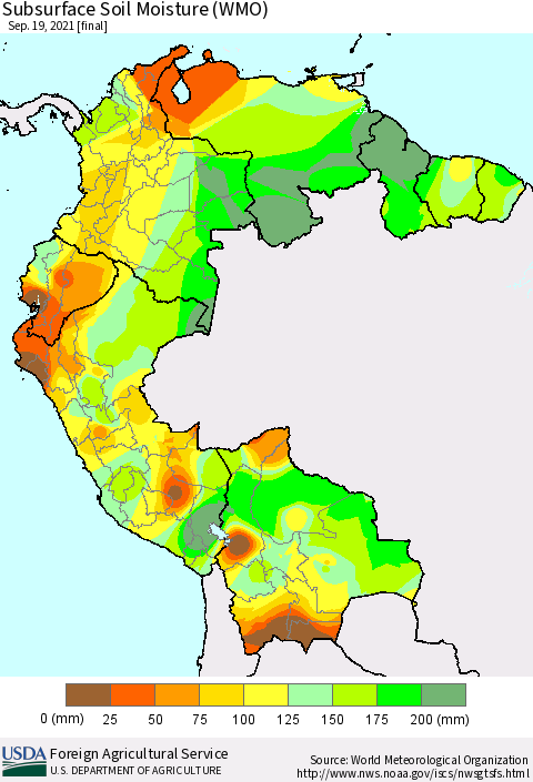 Northern South America Subsurface Soil Moisture (WMO) Thematic Map For 9/13/2021 - 9/19/2021