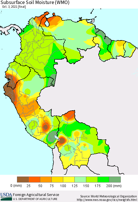 Northern South America Subsurface Soil Moisture (WMO) Thematic Map For 9/27/2021 - 10/3/2021