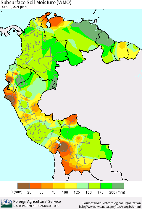 Northern South America Subsurface Soil Moisture (WMO) Thematic Map For 10/4/2021 - 10/10/2021