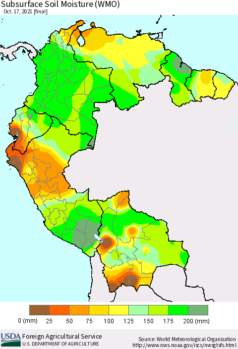 Northern South America Subsurface Soil Moisture (WMO) Thematic Map For 10/11/2021 - 10/17/2021