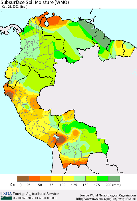 Northern South America Subsurface Soil Moisture (WMO) Thematic Map For 10/18/2021 - 10/24/2021