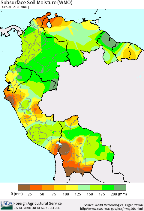 Northern South America Subsurface Soil Moisture (WMO) Thematic Map For 10/25/2021 - 10/31/2021