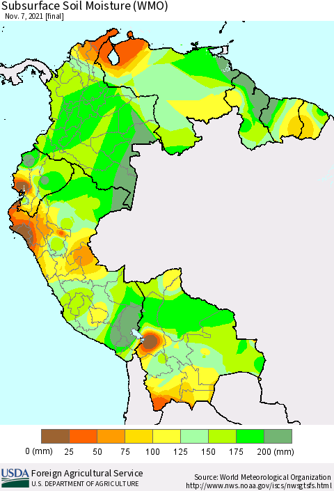 Northern South America Subsurface Soil Moisture (WMO) Thematic Map For 11/1/2021 - 11/7/2021