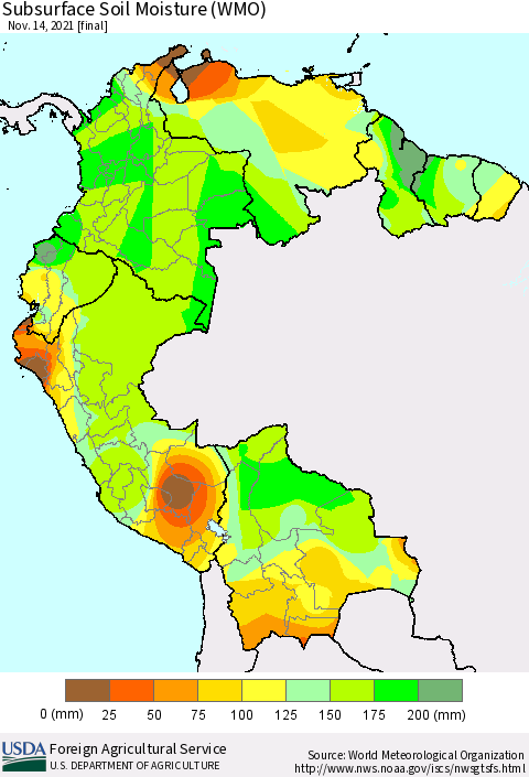 Northern South America Subsurface Soil Moisture (WMO) Thematic Map For 11/8/2021 - 11/14/2021