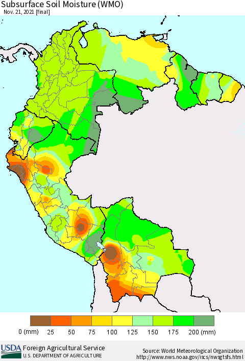 Northern South America Subsurface Soil Moisture (WMO) Thematic Map For 11/15/2021 - 11/21/2021