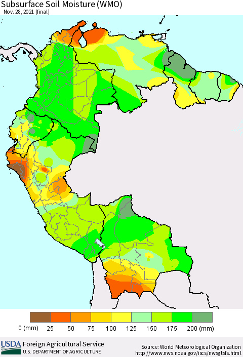 Northern South America Subsurface Soil Moisture (WMO) Thematic Map For 11/22/2021 - 11/28/2021
