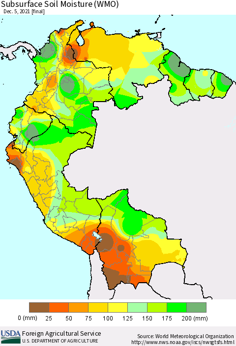 Northern South America Subsurface Soil Moisture (WMO) Thematic Map For 11/29/2021 - 12/5/2021