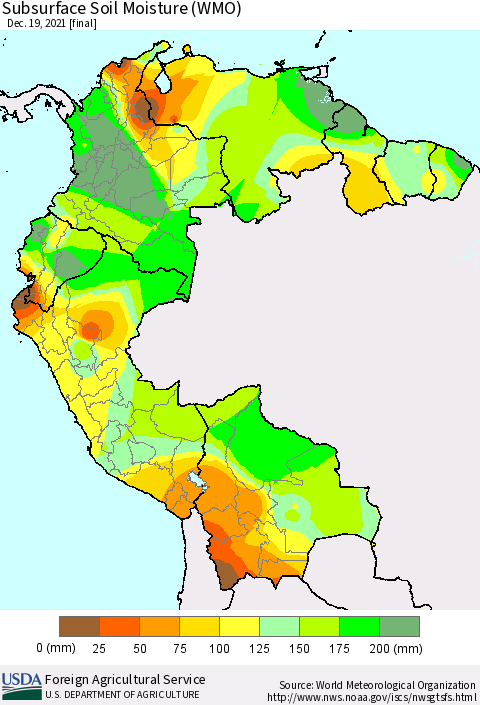 Northern South America Subsurface Soil Moisture (WMO) Thematic Map For 12/13/2021 - 12/19/2021