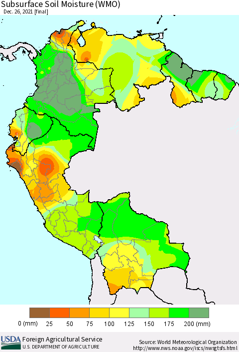 Northern South America Subsurface Soil Moisture (WMO) Thematic Map For 12/20/2021 - 12/26/2021