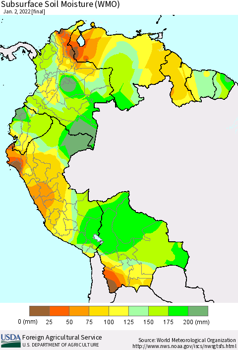 Northern South America Subsurface Soil Moisture (WMO) Thematic Map For 12/27/2021 - 1/2/2022