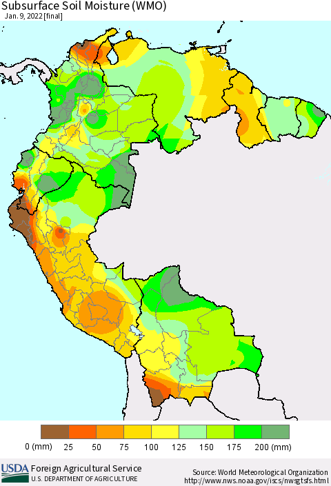 Northern South America Subsurface Soil Moisture (WMO) Thematic Map For 1/3/2022 - 1/9/2022